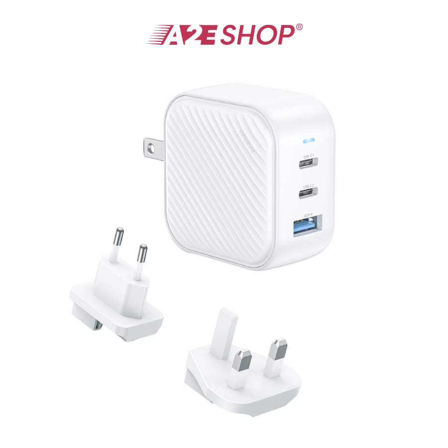 Innostyle GaN MiniCube 65W Charger (2C1A) with UK/EU/AU Plugs – IC65G-WHT